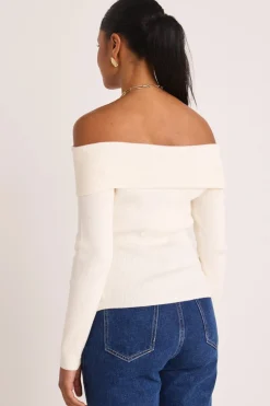Among the Brave Sasha Winter White LS Off Shoulder Rib Knit Top