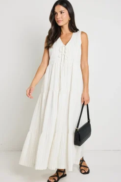 Ivy + Jack Scope Ivory Stripe Tiered Tie Front Midi Dress