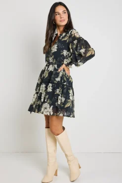 By Rosa. Script Black Floral Balloon Sleeve Mini Shirt Dress