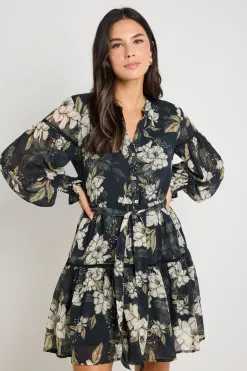 By Rosa. Script Black Floral Balloon Sleeve Mini Shirt Dress