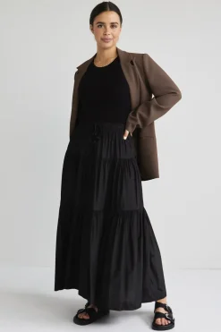 Among the Brave Sensational Black Tiered Satin Tie Waist Maxi Skirt