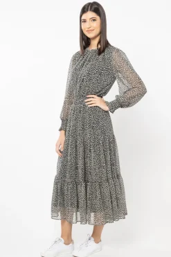 Seeking Lola Serene Black Spot Shirred Waist LS Maxi Dress