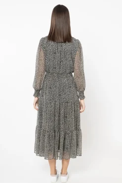 Seeking Lola Serene Black Spot Shirred Waist LS Maxi Dress