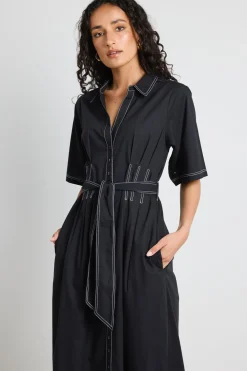 Among the Brave Service Black Cotton Short Sleeve Midi Shirt Dress