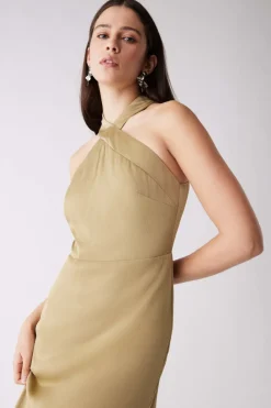 Esmaee Sevilla Olive High Neck Sleeveless Midi Dress