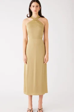 Esmaee Sevilla Olive High Neck Sleeveless Midi Dress