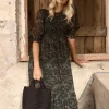 Ivy + Jack Showcase Khaki Ditsy Print Georgette Puff Sleeve Tiered Maxi Dress