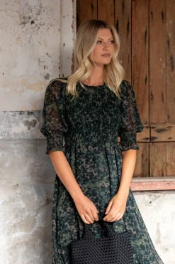 Ivy + Jack Showcase Khaki Ditsy Print Georgette Puff Sleeve Tiered Maxi Dress