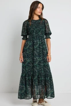 Ivy + Jack Showcase Khaki Ditsy Print Georgette Puff Sleeve Tiered Maxi Dress