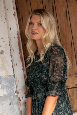 Ivy + Jack Showcase Khaki Ditsy Print Georgette Puff Sleeve Tiered Maxi Dress