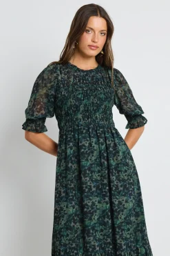 Ivy + Jack Showcase Khaki Ditsy Print Georgette Puff Sleeve Tiered Maxi Dress