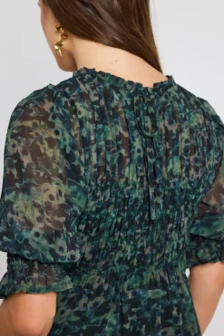 Ivy + Jack Showcase Khaki Ditsy Print Georgette Puff Sleeve Tiered Maxi Dress