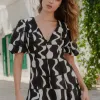 Stories be Told Sicily Black Wave Print Short Sleeve Mini Dress
