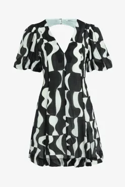 Stories be Told Sicily Black Wave Print Short Sleeve Mini Dress