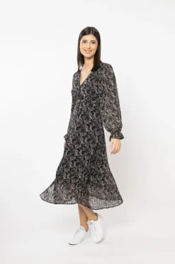Seeking Lola Sincere Black Stripe Floral Button Front LS Midi Dress