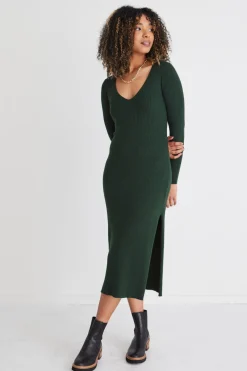 Among the Brave Skillful Forest Rib Knit LS V Neck Midi Dress