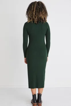 Among the Brave Skillful Forest Rib Knit LS V Neck Midi Dress