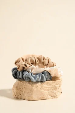 Love Lulu Small Blue White Beige Set of 3 Scrunchies