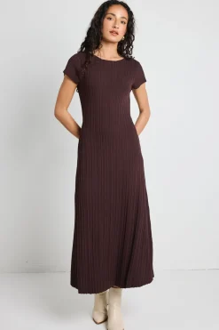 Among the Brave Smoulder Chocolate Boat Neck Rib Knit Maxi Dress