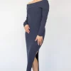 Among the Brave Sophie Navy Marle Off Shoulder Rib Knit Midi Dress