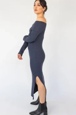 Among the Brave Sophie Navy Marle Off Shoulder Rib Knit Midi Dress
