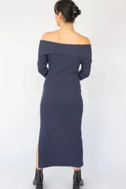 Among the Brave Sophie Navy Marle Off Shoulder Rib Knit Midi Dress