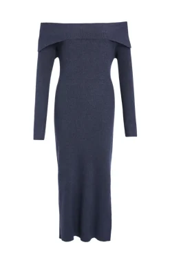 Among the Brave Sophie Navy Marle Off Shoulder Rib Knit Midi Dress