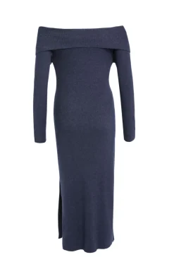 Among the Brave Sophie Navy Marle Off Shoulder Rib Knit Midi Dress