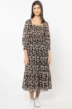 Seeking Lola Soulful Orange Lily Shirred Bodice LS Tiered Midi Dress