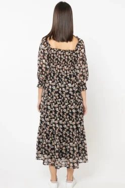 Seeking Lola Soulful Orange Lily Shirred Bodice LS Tiered Midi Dress