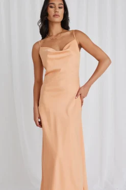 Among the Brave Sovereign Melon Satin Strappy Maxi Dress