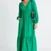 Among the Brave Spark Palm Green Textured LS Deep V Midi Dress