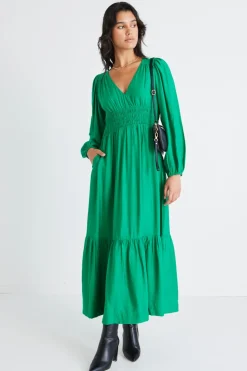 Among the Brave Spark Palm Green Textured LS Deep V Midi Dress