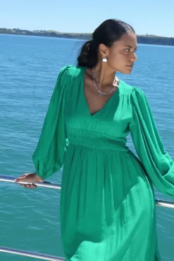 Among the Brave Spark Palm Green Textured LS Deep V Midi Dress