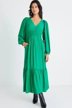 Among the Brave Spark Palm Green Textured LS Deep V Midi Dress