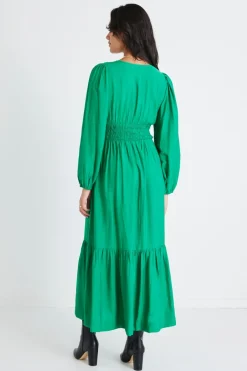 Among the Brave Spark Palm Green Textured LS Deep V Midi Dress