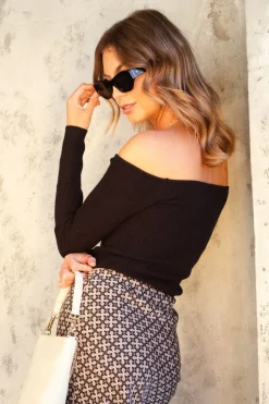 Georgia Mae Spirit Black LS Rib Knit Off-shoulder Top