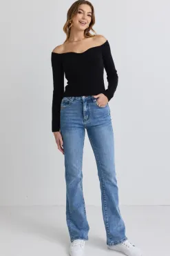 Georgia Mae Spirit Black LS Rib Knit Off-shoulder Top