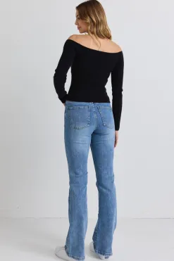 Georgia Mae Spirit Black LS Rib Knit Off-shoulder Top
