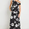 Stories be Told Spotlight Black Floral Satin Off Shoulder Flare Midi Dress
