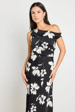 Stories be Told Spotlight Black Floral Satin Off Shoulder Flare Midi Dress
