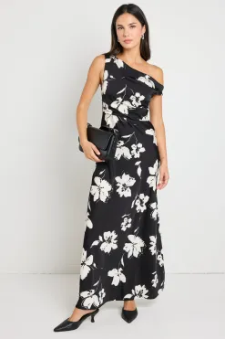 Stories be Told Spotlight Black Floral Satin Off Shoulder Flare Midi Dress