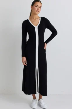 Stories be Told Spree Black and White V Neck Rib Knit Maxi Dress