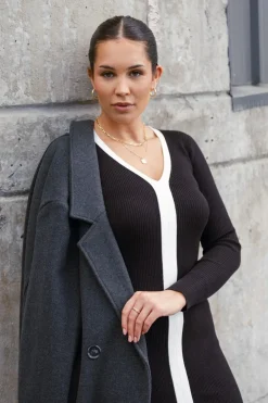 Stories be Told Spree Black and White V Neck Rib Knit Maxi Dress