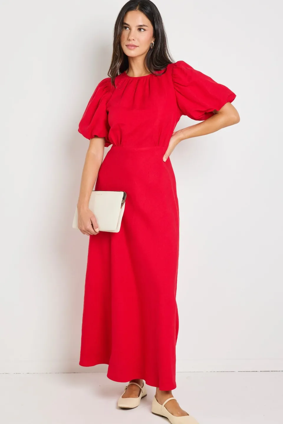Stories be Told Stage Cherry Puff Sleeve Floaty Maxi Dress