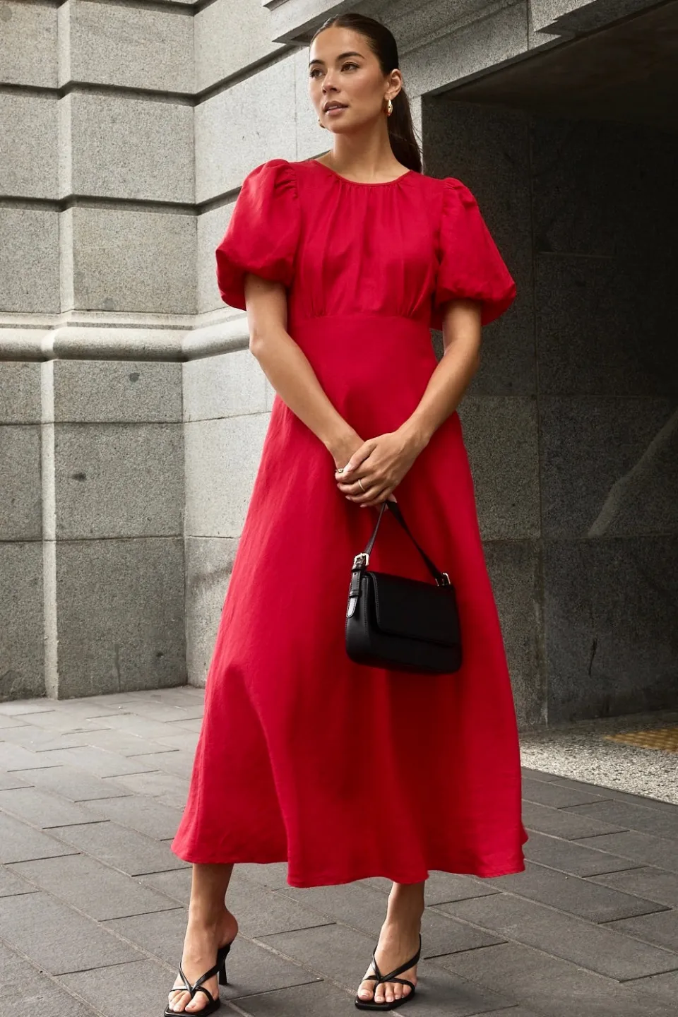 Stories be Told Stage Cherry Puff Sleeve Floaty Maxi Dress