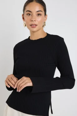 Among the Brave Stately Black LS Rib Funnel Neck Knit Top