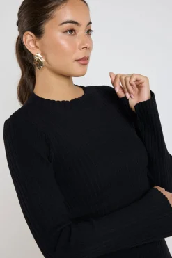 Among the Brave Stately Black LS Rib Funnel Neck Knit Top