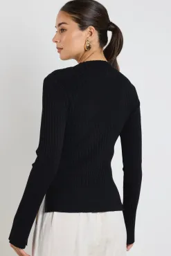 Among the Brave Stately Black LS Rib Funnel Neck Knit Top