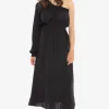 Leila + Luca Streamlined Black Self Spot One Sleeve Midi Dress
